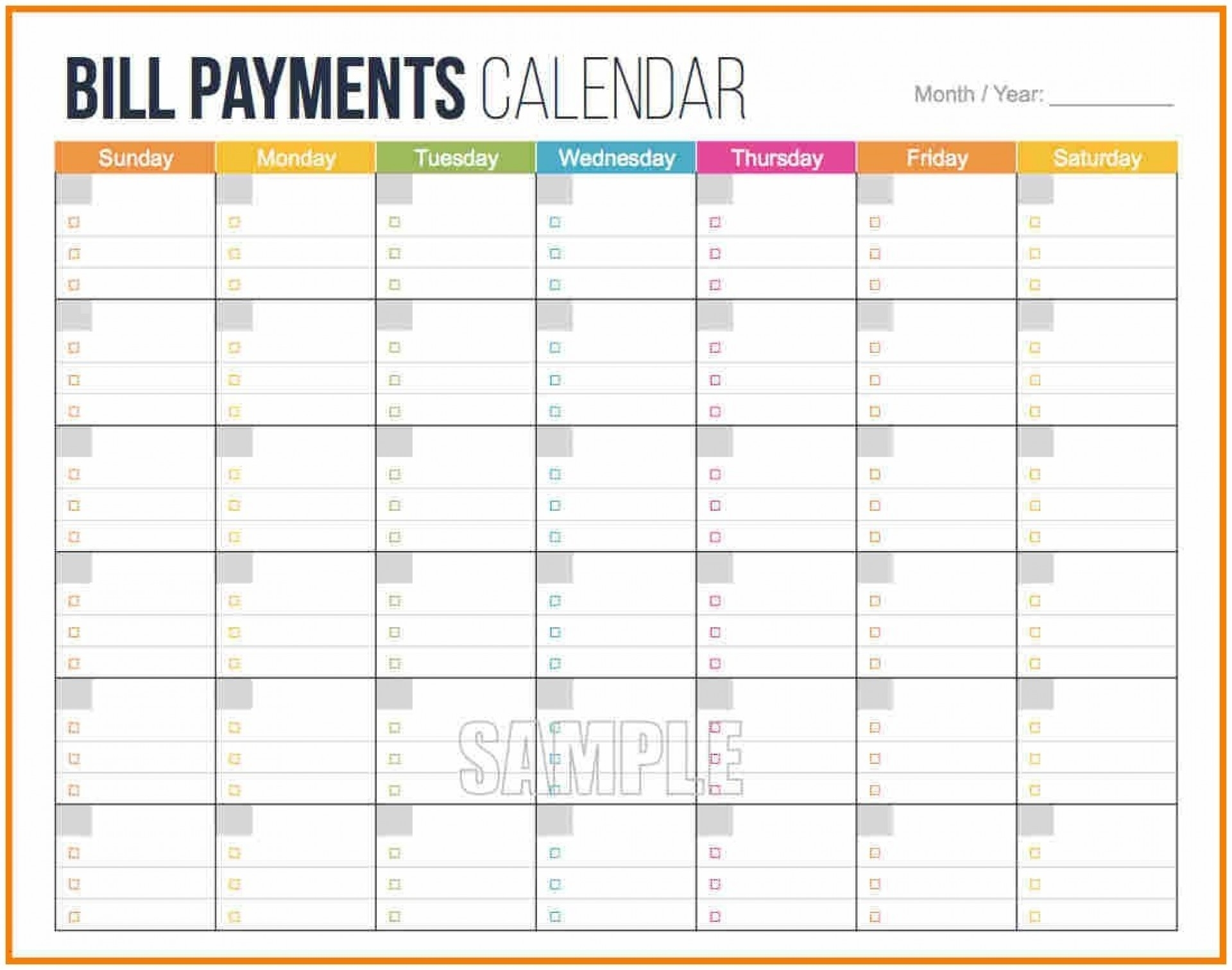 Bill Payment Calendar Template Printable
