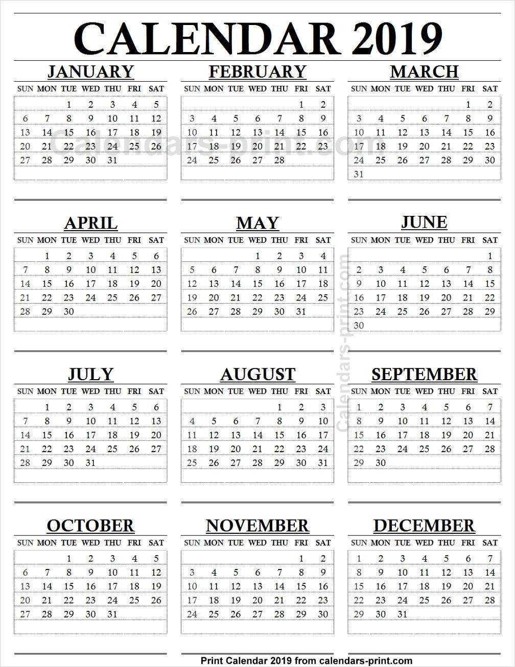 12 Month Calendar 2019 One Page | 2019 Yearly Calendar | 12 Month pertaining to 12 Month Calendar Print Out