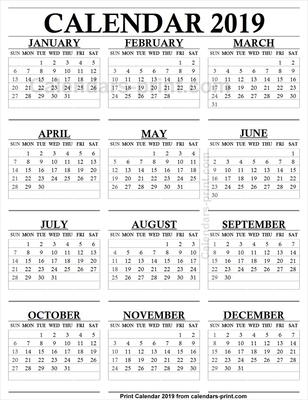 12 Month Calendar 2019 One Page To Print Free | Blank Pdf Template pertaining to 12 Month Calendar Printable Free