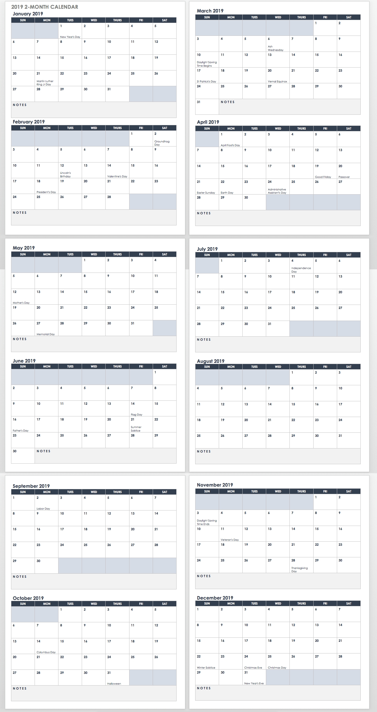 15 Free Monthly Calendar Templates | Smartsheet for 2 Month Calendar Template Printable