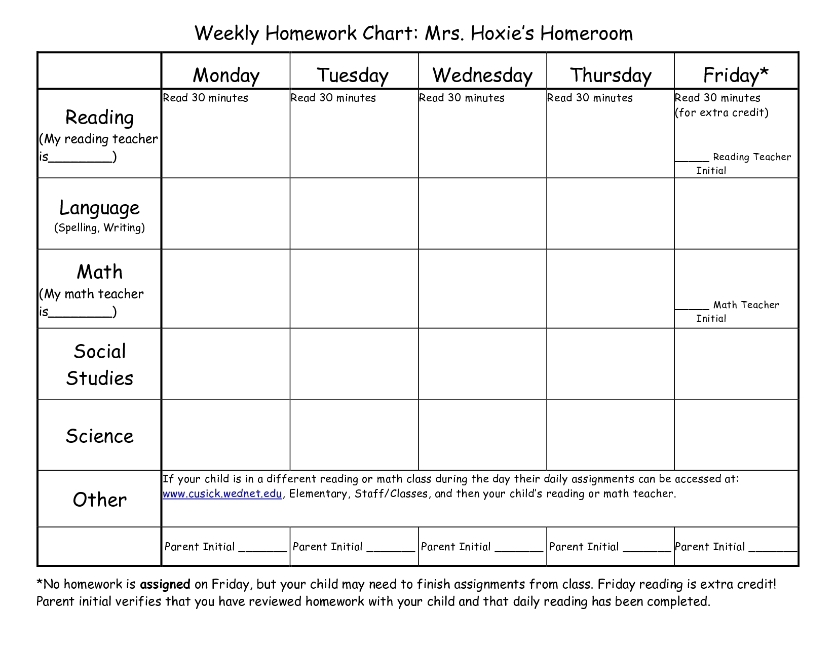 homework calendar first grade