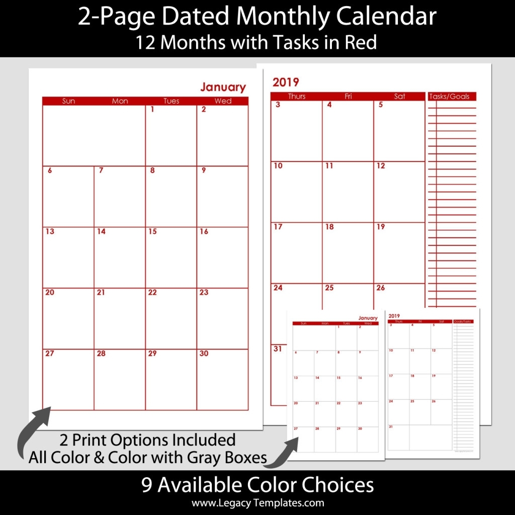 2-Page Dated Monthly Calendar In Red 5.5 X 8.5 | Legacy Templates with regard to Monthly Calendar 2 Page To Print
