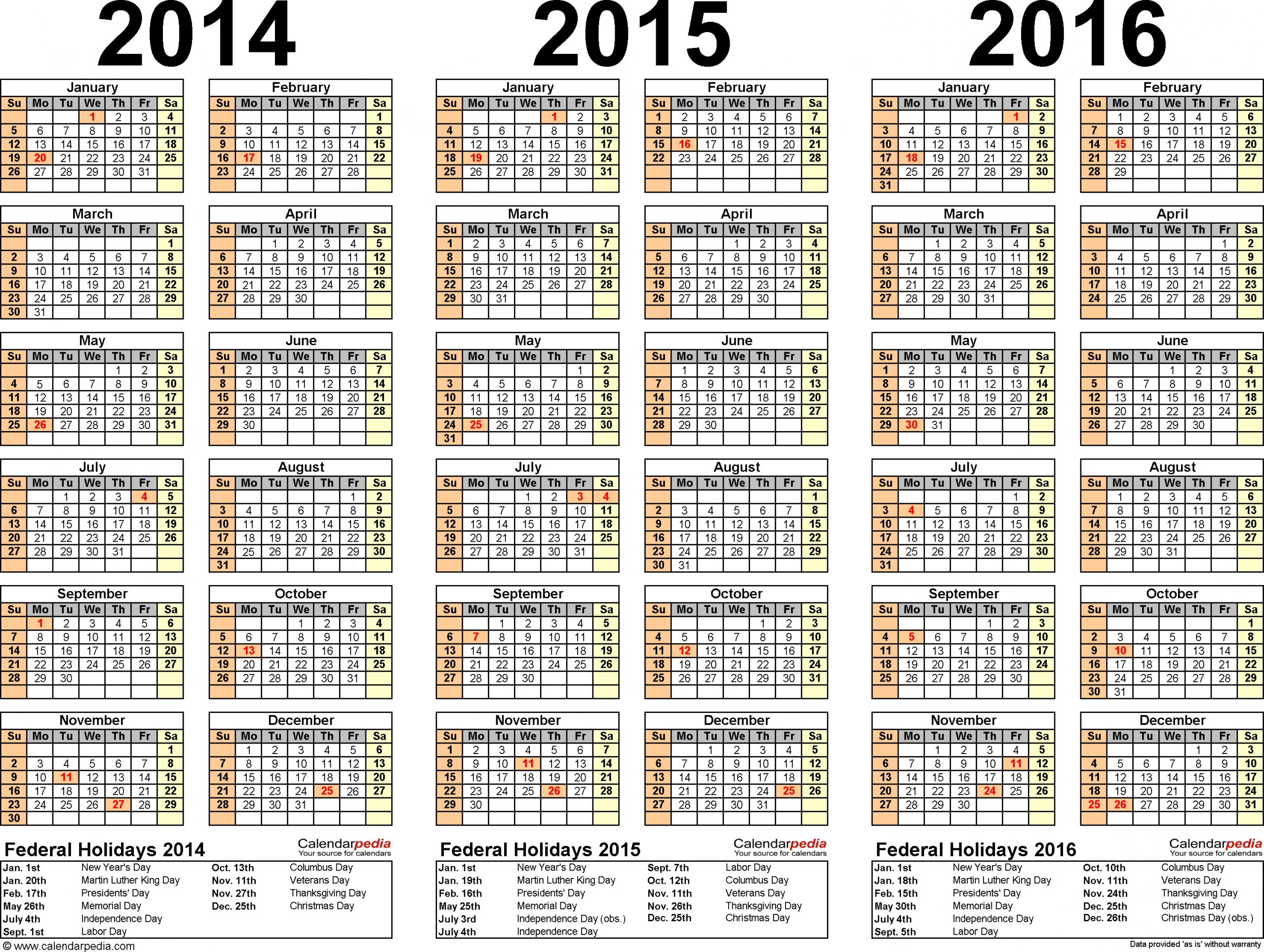2014/2015/2016 Calendar - 4 Three-Year Printable Word Calendars within Calendar With All The Years