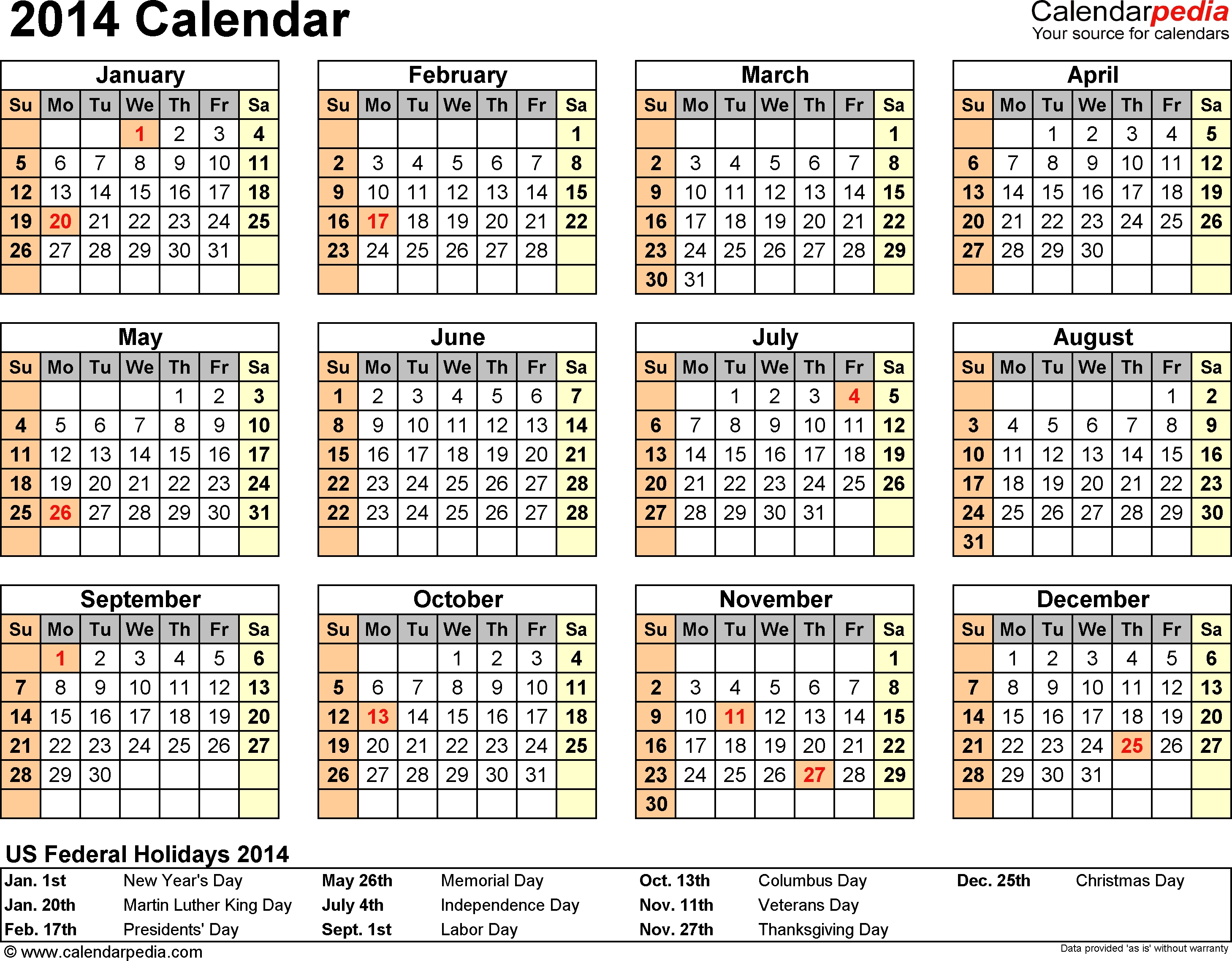 2014 Calendar - 13 Free Printable Word Calendar Templates for 2007 Calendar With Holidays Printable
