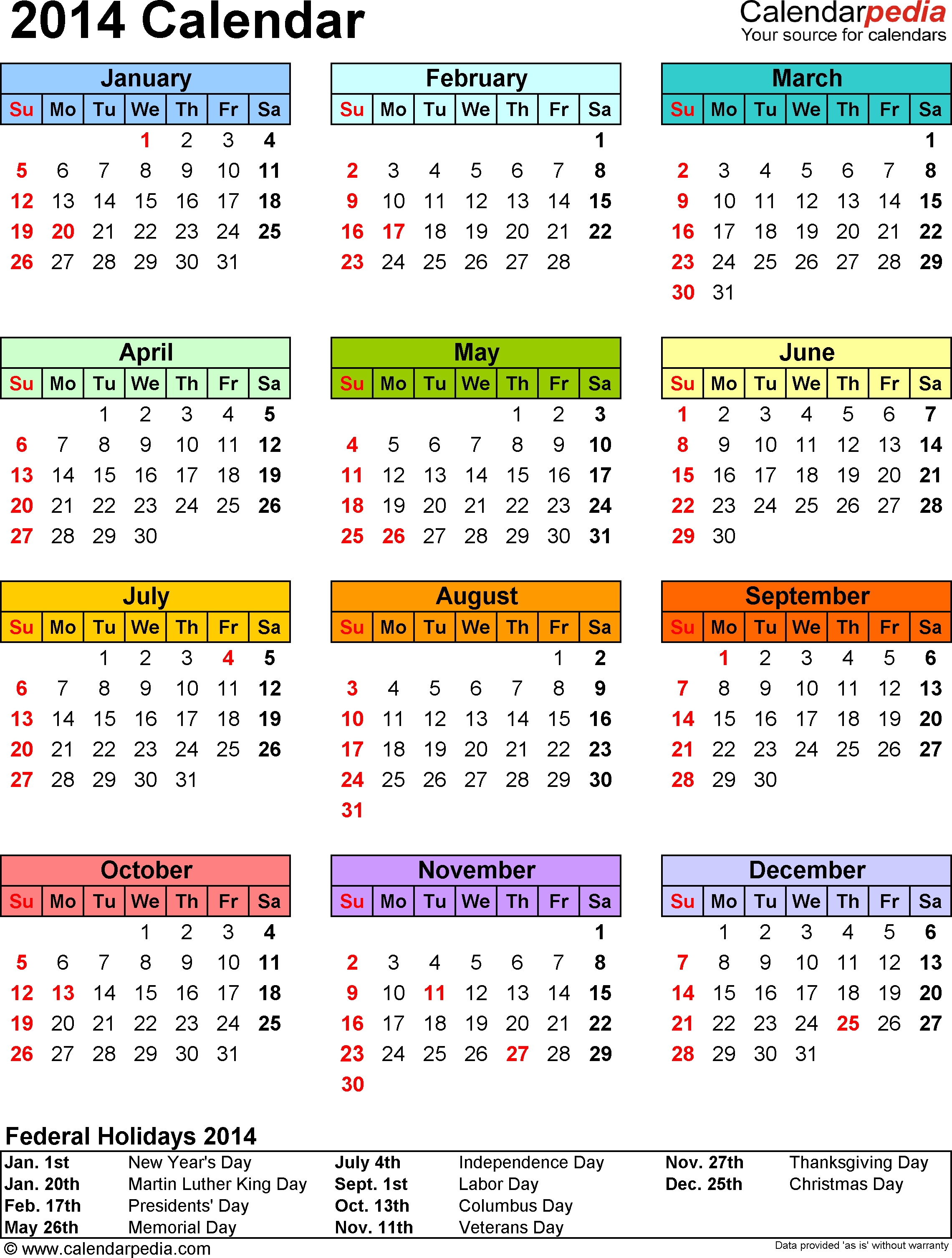 2014 Calendar - 13 Free Printable Word Calendar Templates regarding 2007 Calendar With Holidays Printable
