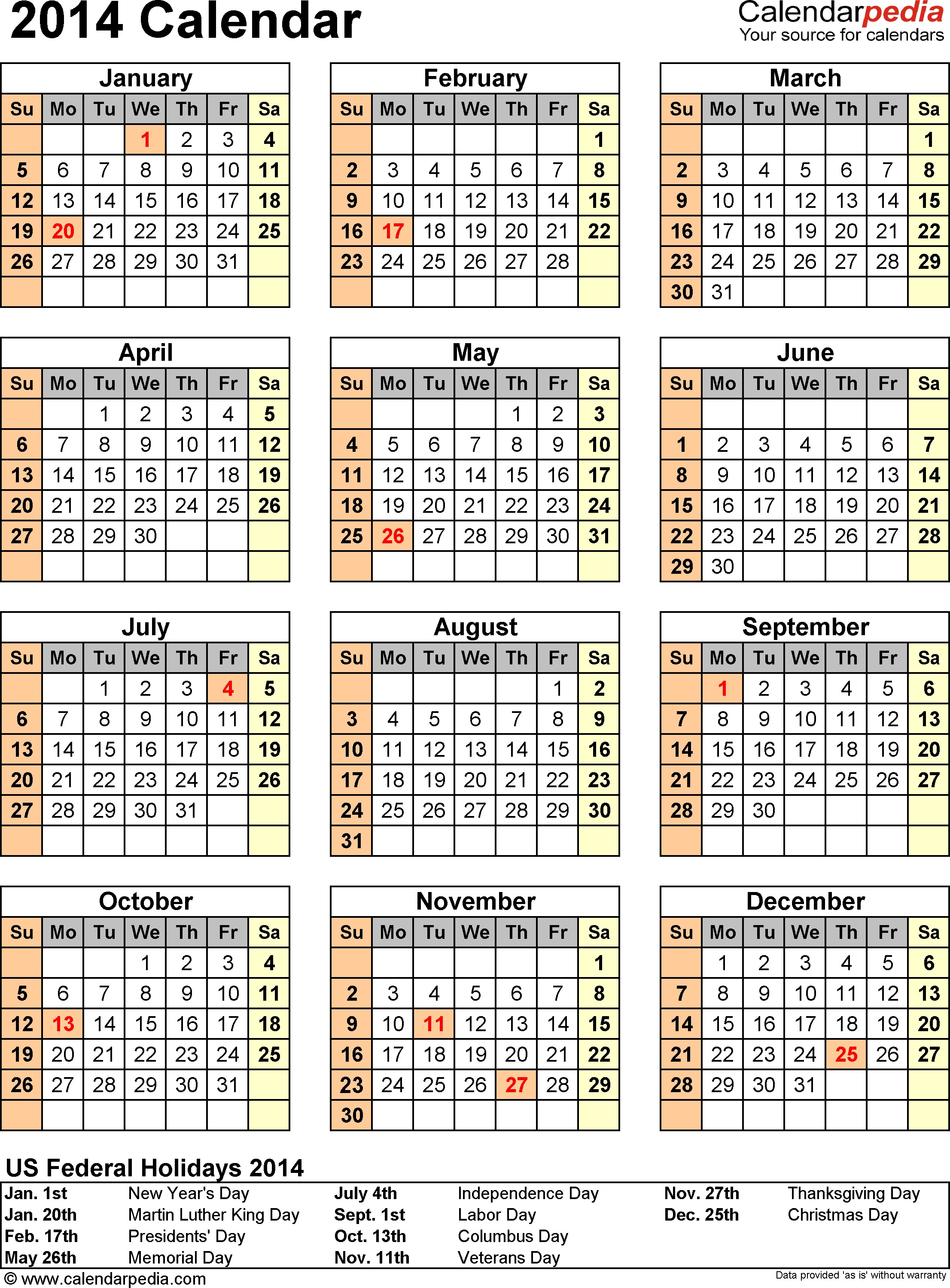2014 Calendar - 13 Free Printable Word Calendar Templates with 2007 Calendar With Holidays Printable
