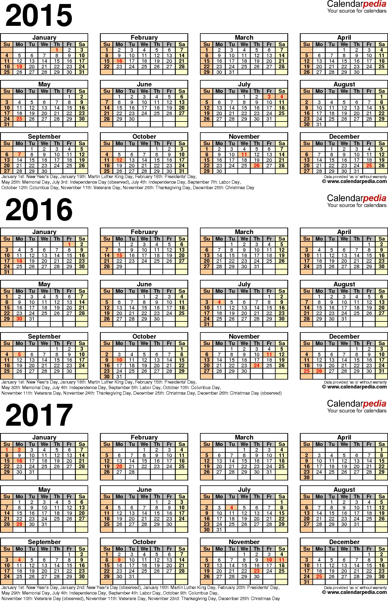 2015/2016/2017 Calendar - 4 Three-Year Printable Pdf Calendars with Bangla Calendar Of 2015 Of October