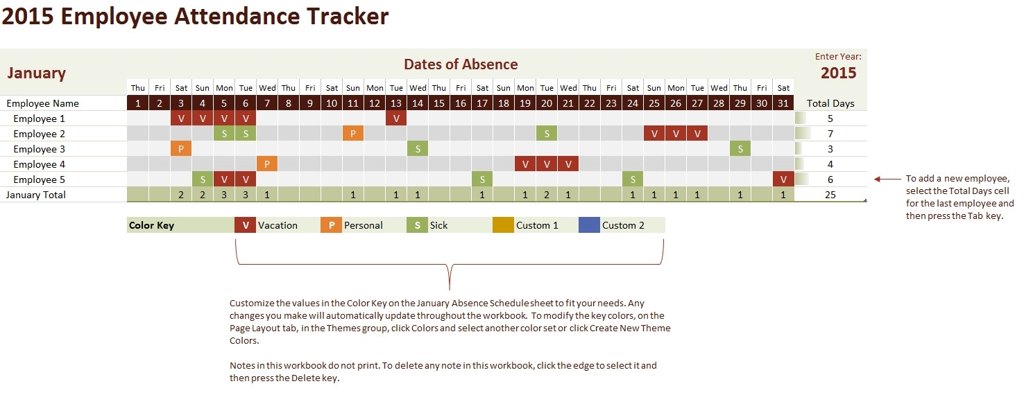 2015 Employee Attendance Tracking Calendar with Excel Employee Attendance Calendar Template