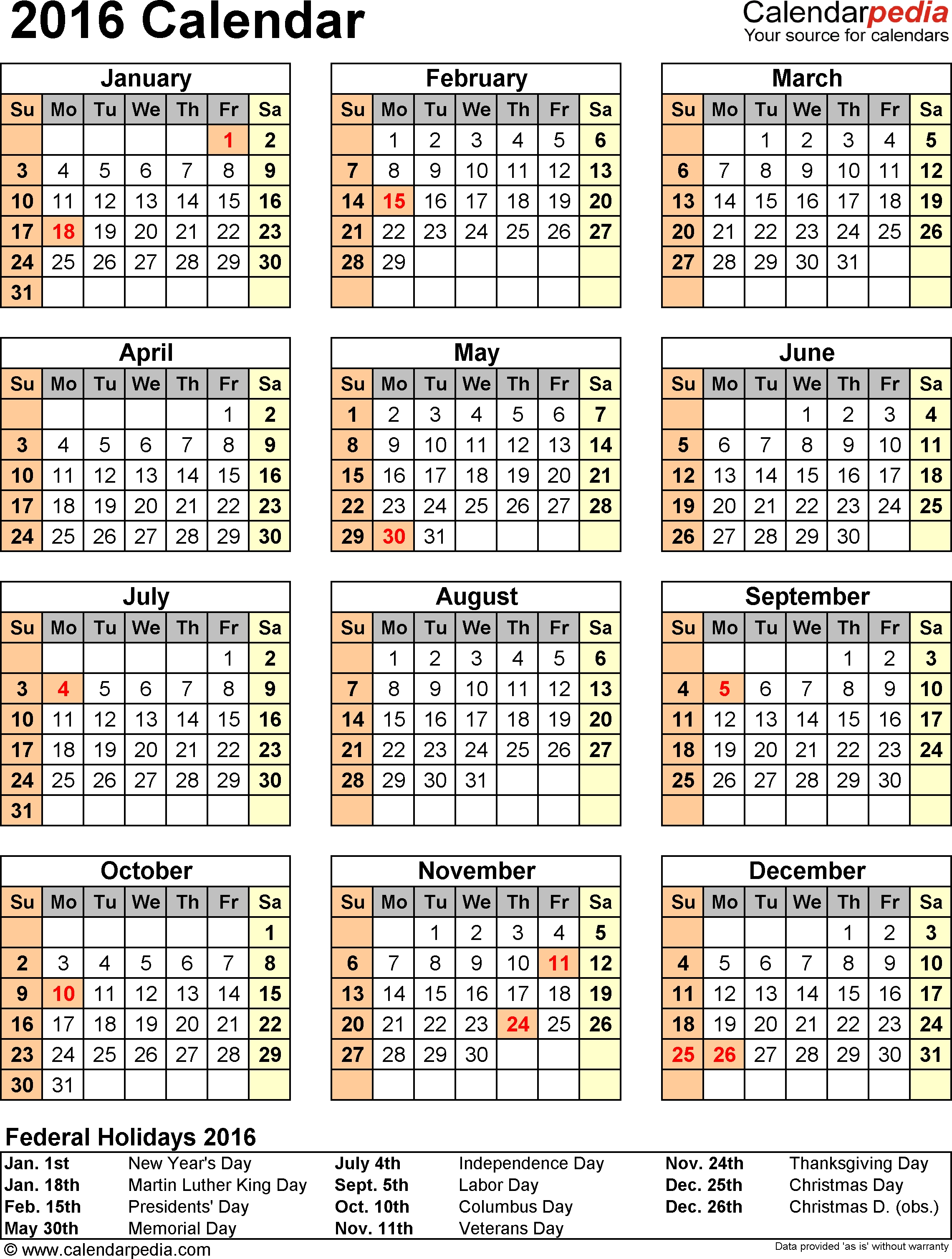 2016 Calendar - Download 16 Free Printable Excel Templates (.xlsx) in 2007 Calendar With Holidays Printable