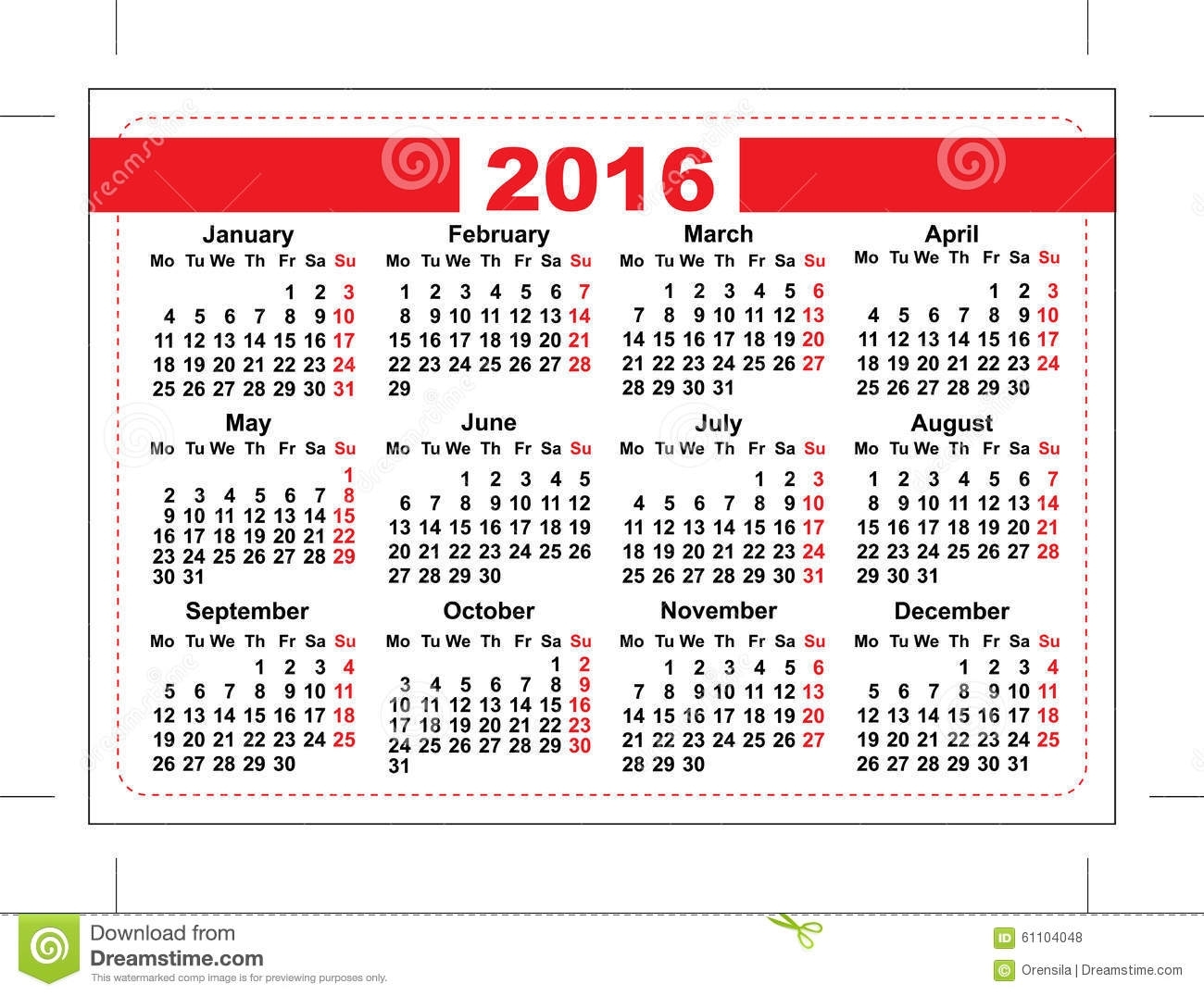 2016 Pocket Calendar. Template Grid. Horizontal Orientation Days Of with Grid Of 31 Days Image