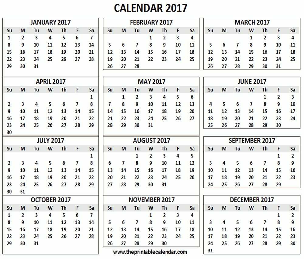 2017 Calendar Printable- 12 Months Calendar On One Page within 1 Page 9 Month Calendar