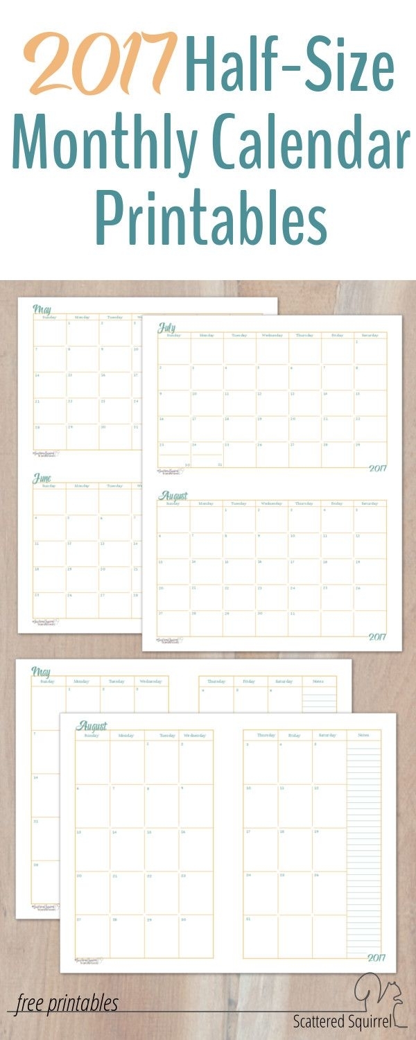 2017 Half-Size Monthly Calendar Printables | Free Printables in Half Page Monthly Calendar Printable