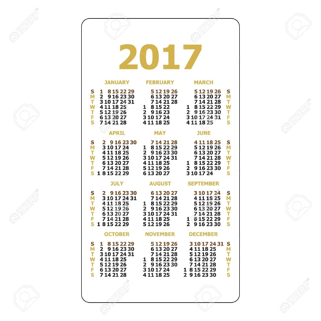 2017 Pocket Calendar. Template Calendar Grid. Vertical Orientation regarding Grid Of 31 Days Image