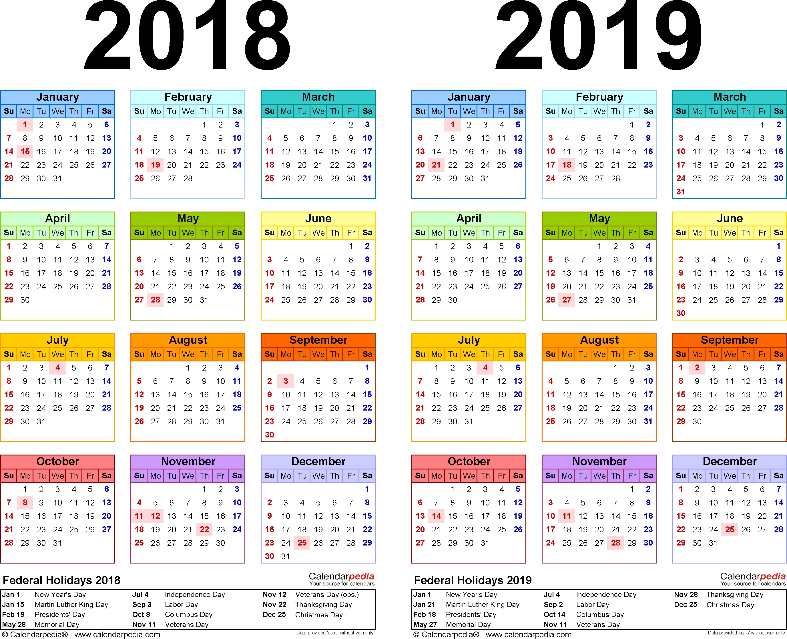 2018-2019 Calendar - Free Printable Two-Year Excel Calendars inside Print Off Year Long Calendar