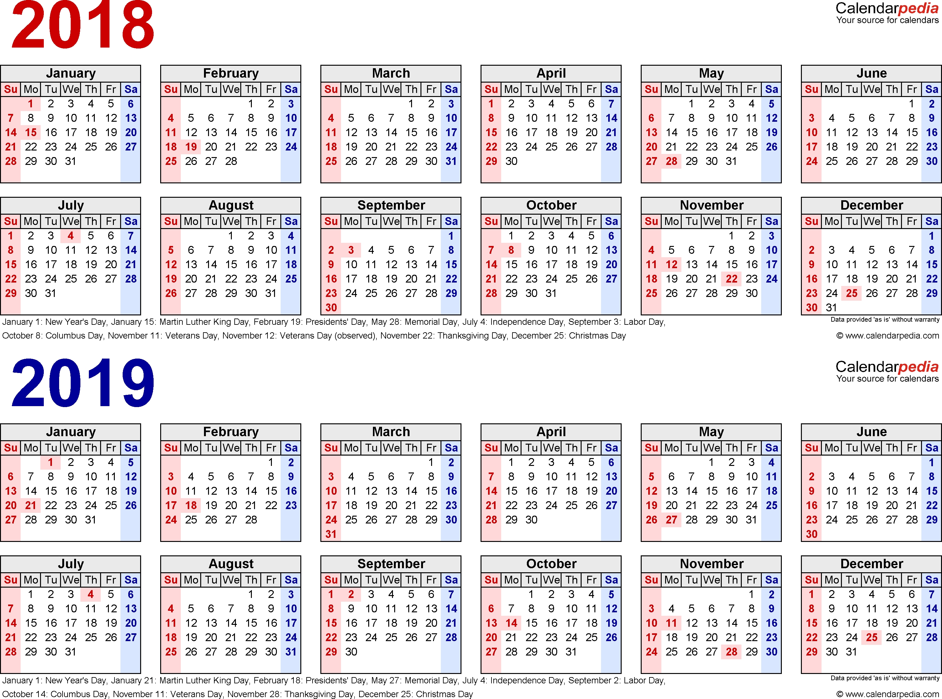 2018-2019 Calendar - Free Printable Two-Year Excel Calendars intended for Print Off Year Long Calendar