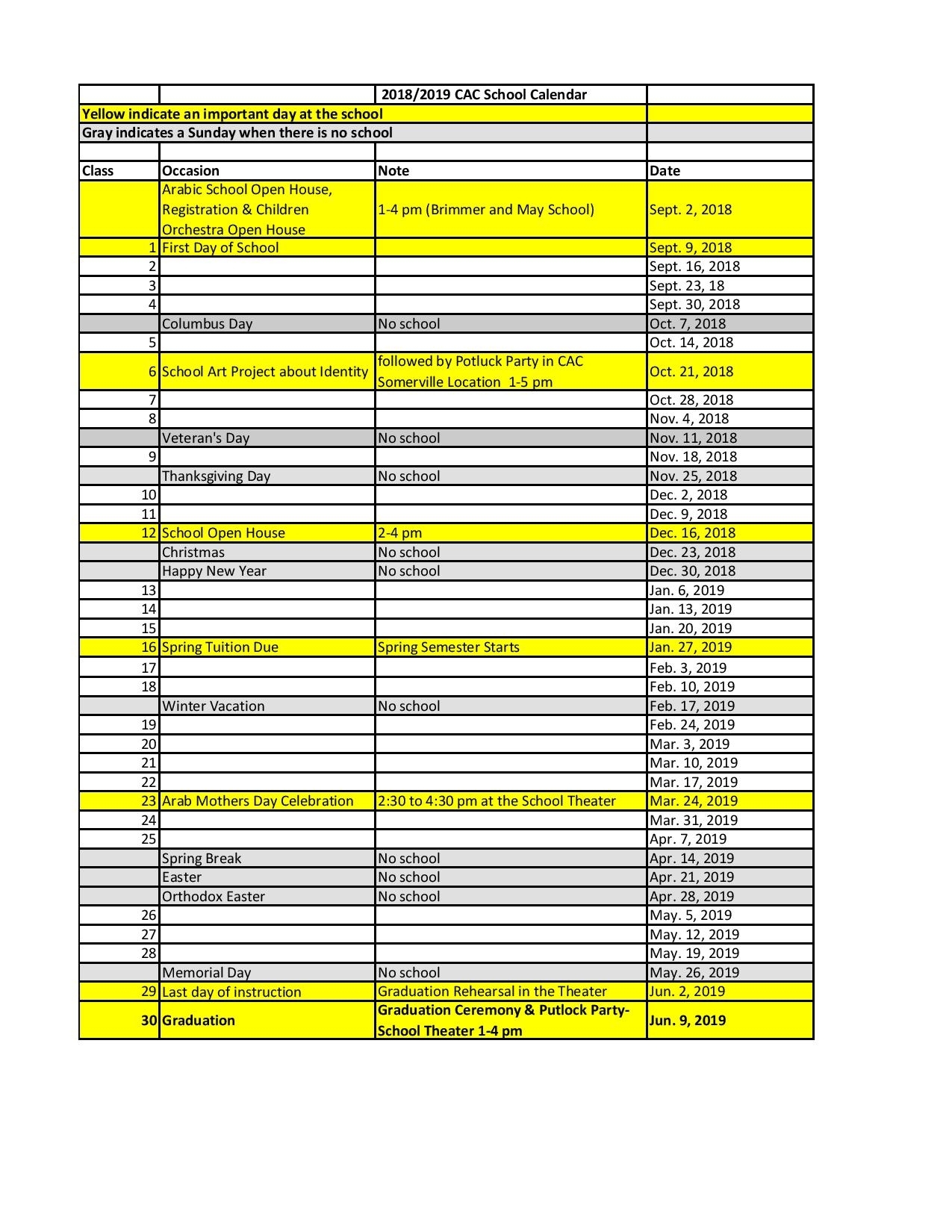 2018/2019 School Calendar &amp; Class Times – Center For Arabic Culture inside Arabic Printable Days Of The Week