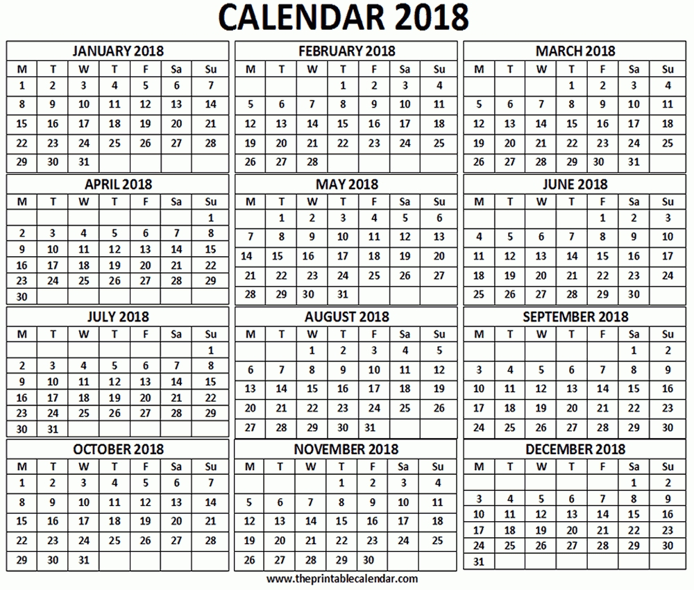 2018 Calendar - 12 Months Calendar On One Page - Free Printable Calendar regarding 12 Month Calendar Printable Free