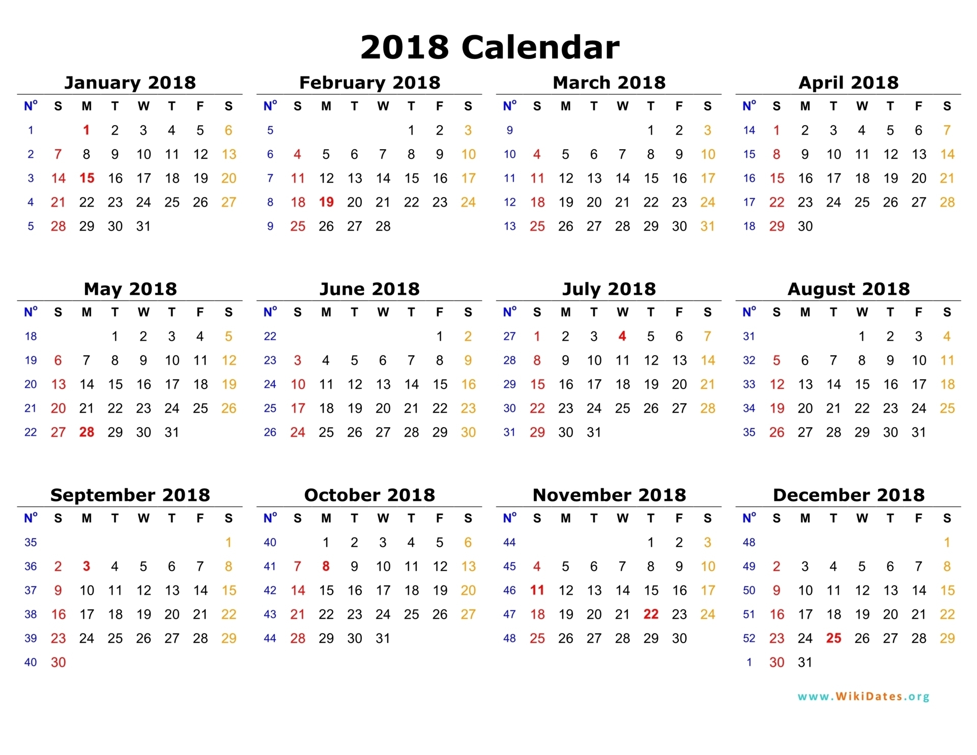 2018 Calendar One Page | Printable Calendar Template within Year Calendar One Page To Print