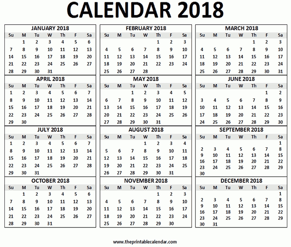 2018 Calendar Printable- 12 Months Calendar On One Page for 12 Month One Page Calendar