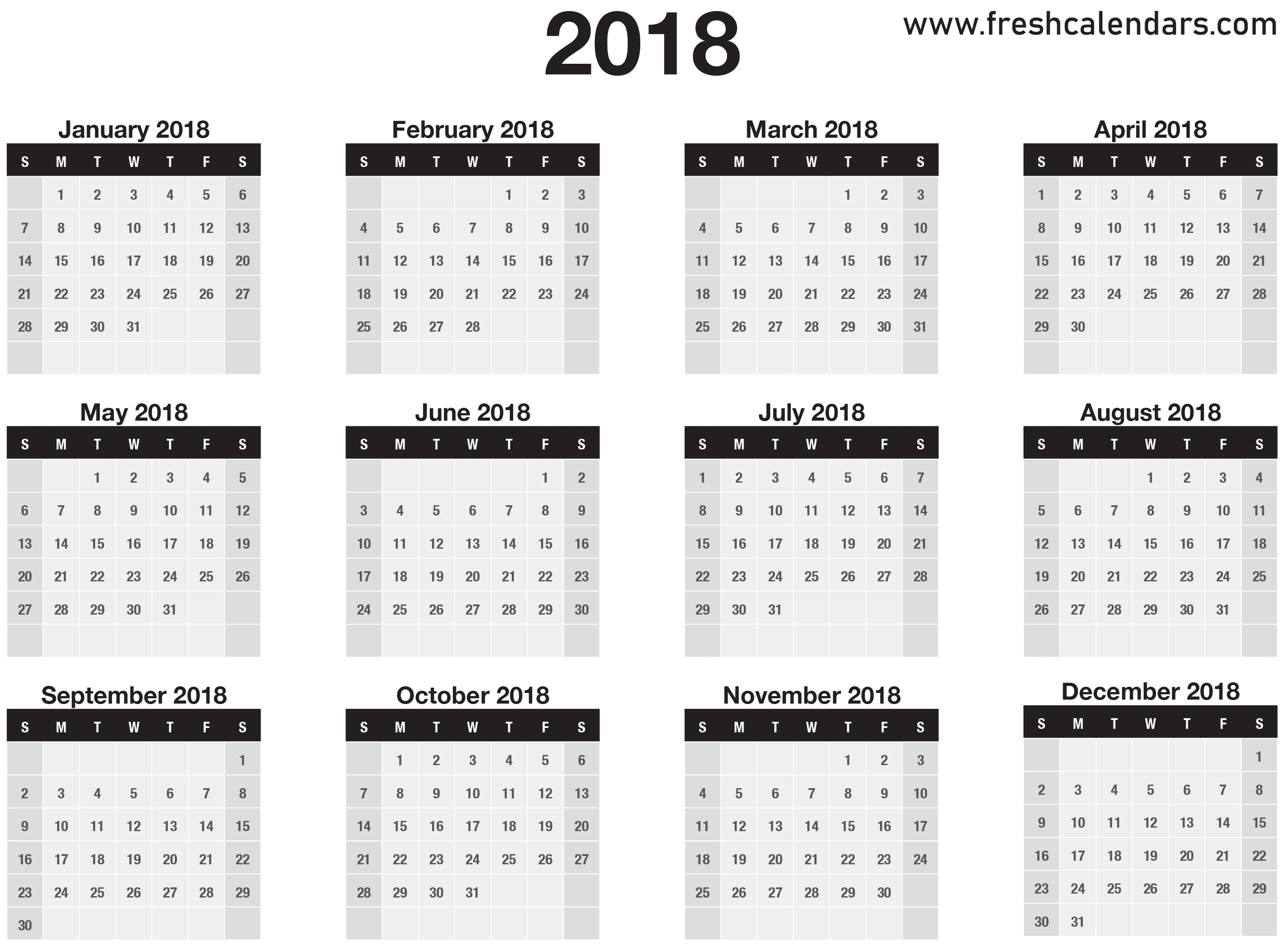 2018 Calendar regarding 12 Month Calendar On One Page