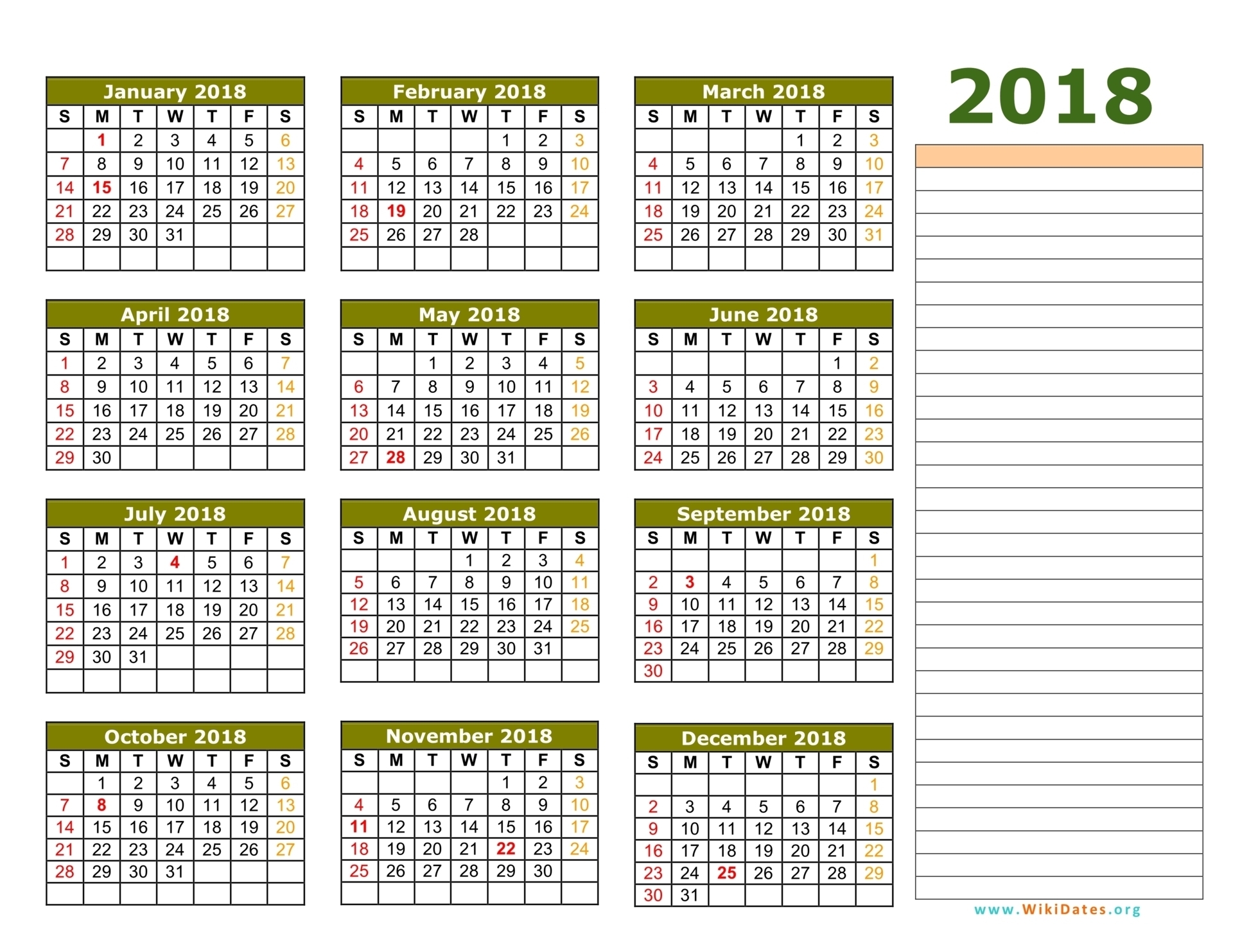 2018 Calendar | Wikidates for Hebrew Calendar Of Months Printable