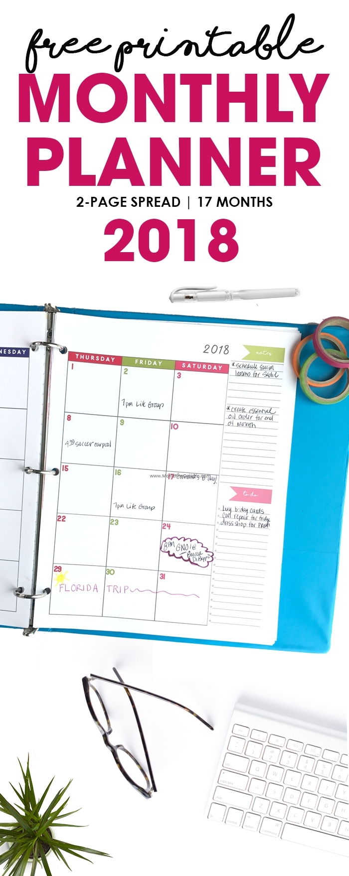 2018 Monthly Planner | Free Printable Calendar, 2-Page Spread in 2 Page Monthly Calendar Printable Free