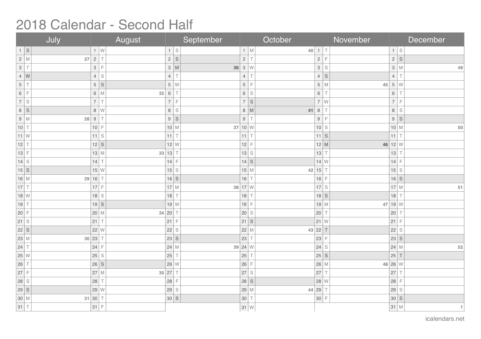 2018 Printable Calendar - Pdf Or Excel - Icalendars in Number Of Weeks In A Year Calendar