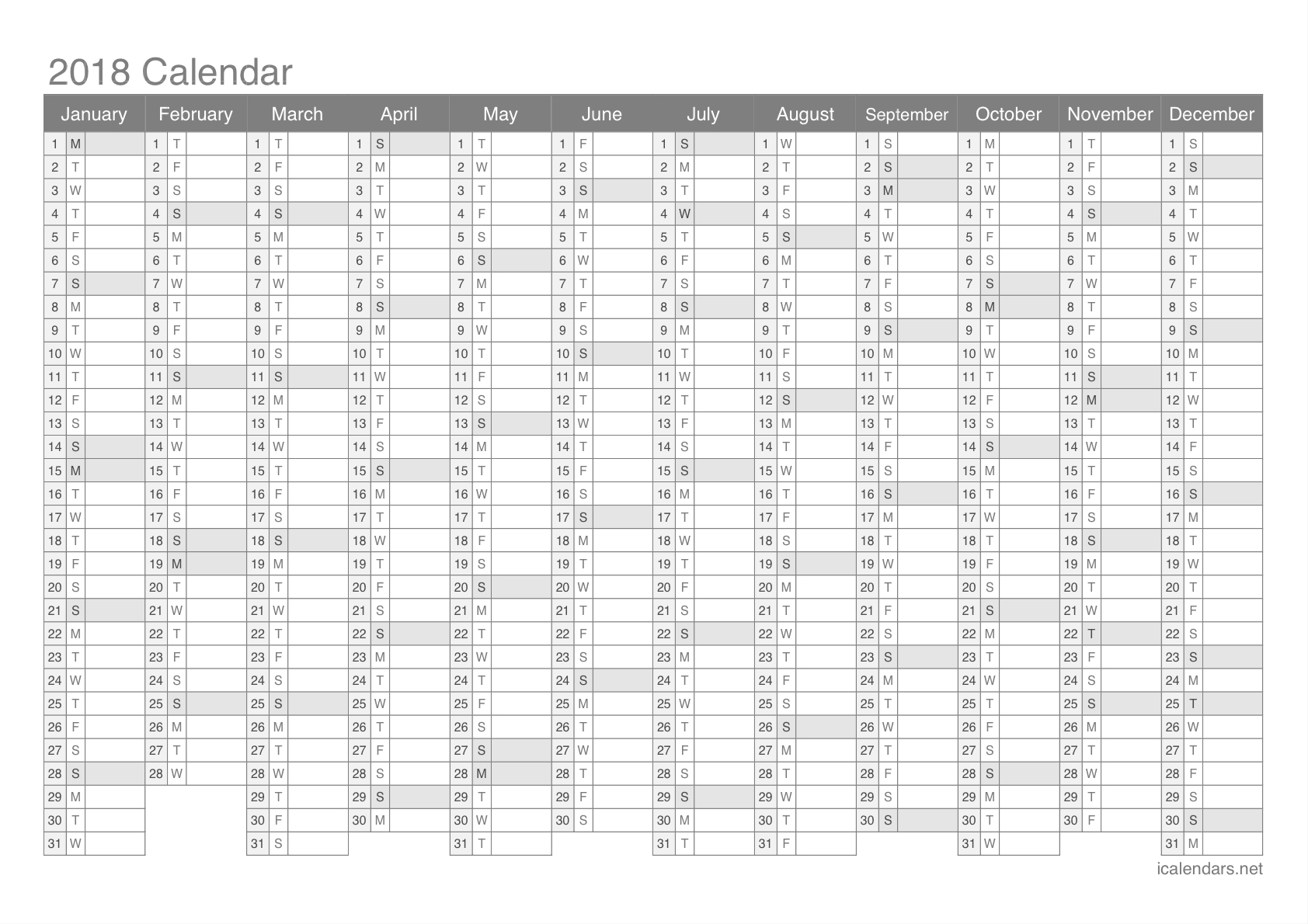 2018 Printable Calendar - Pdf Or Excel - Icalendars regarding Print Monthly Calendar With Lines