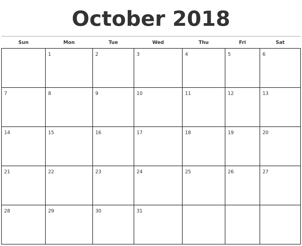 2018 Printable Monthly Calendar Template - Free Calendar Collection for Free Printable Monthly Calendar Template