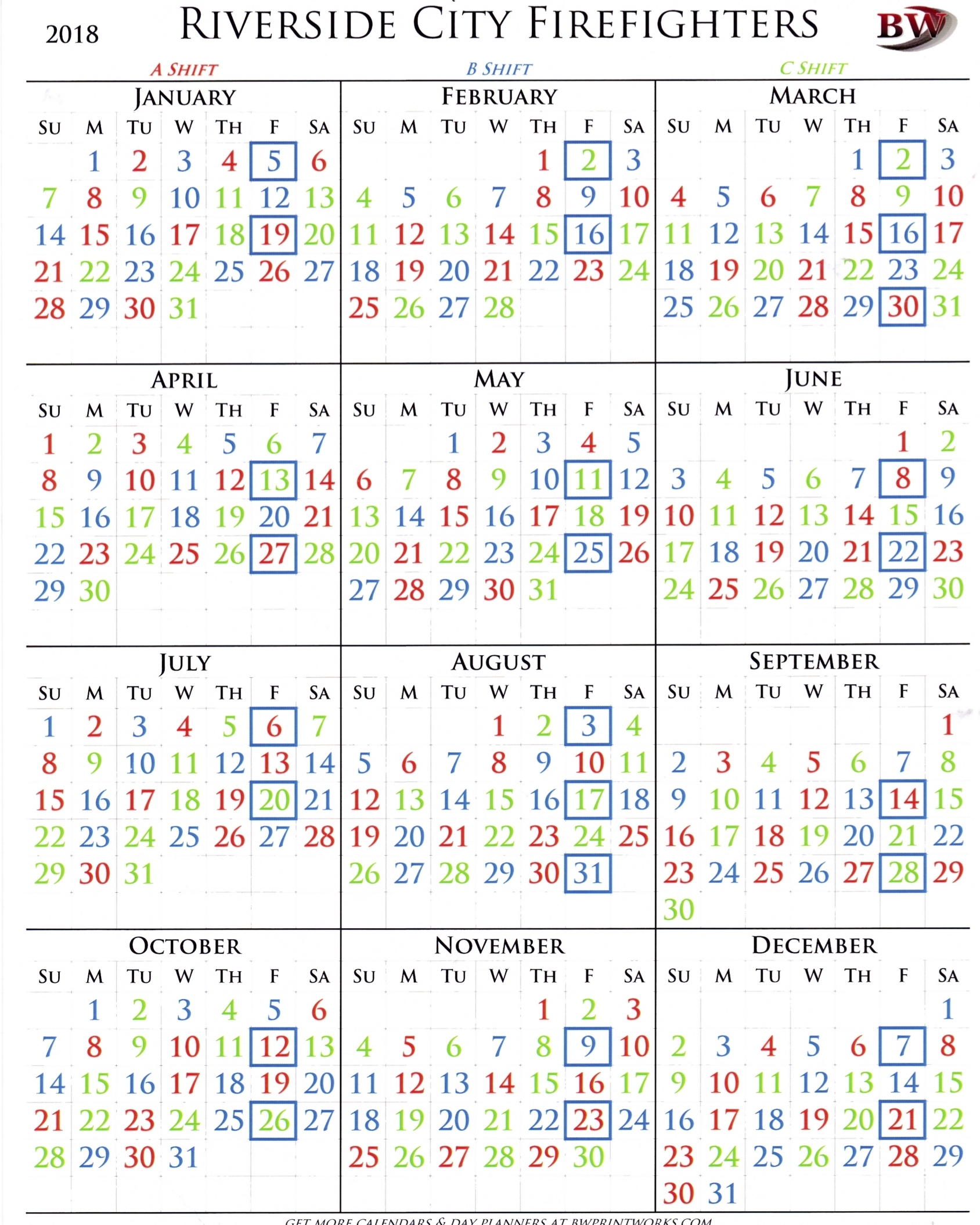 2018 Shift Calendar - Riverside City Firefighters Association regarding A B C Shift Calendar