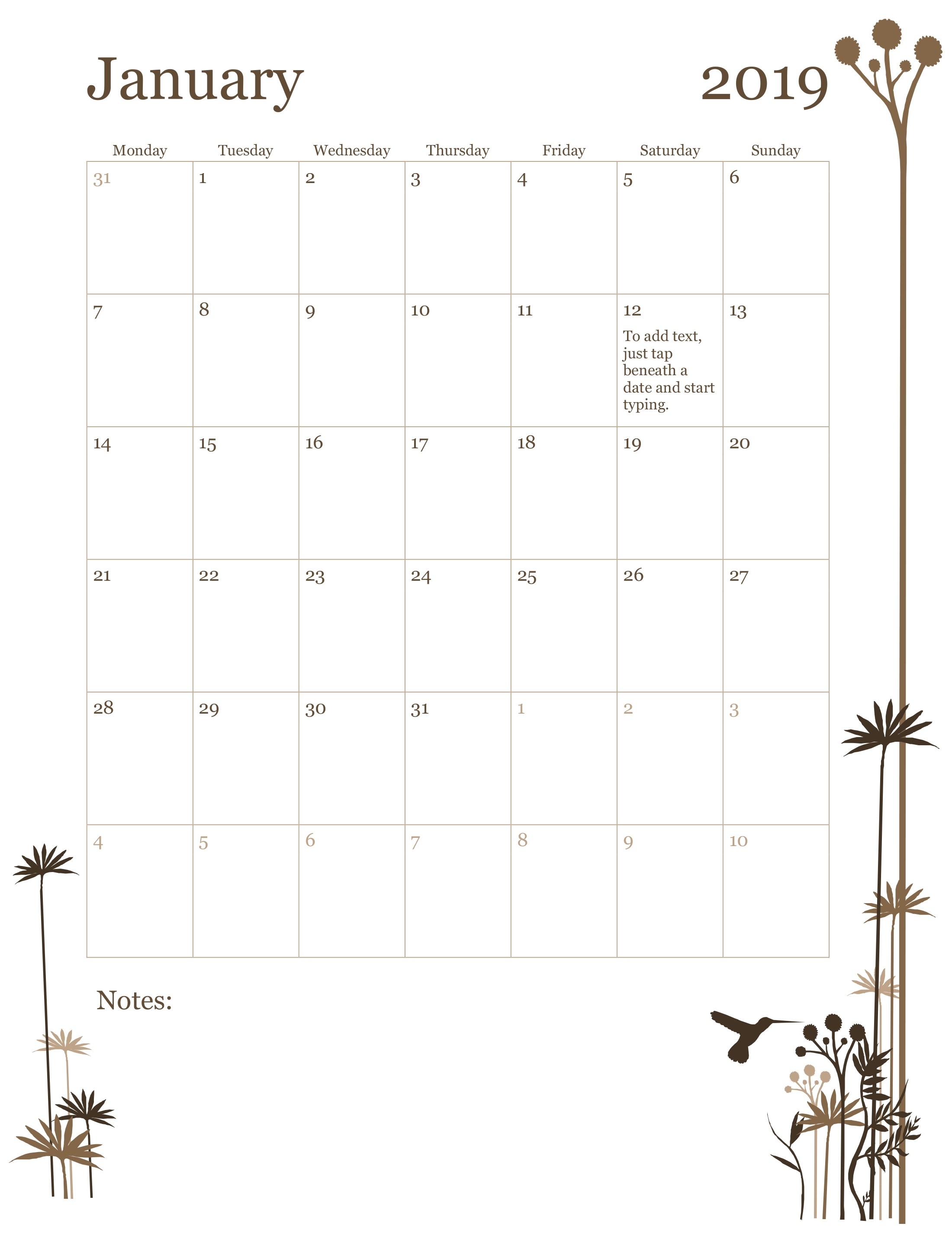 2019 12-Month Calendar (Mon-Sun) for 12 Month Calendar Template Printable