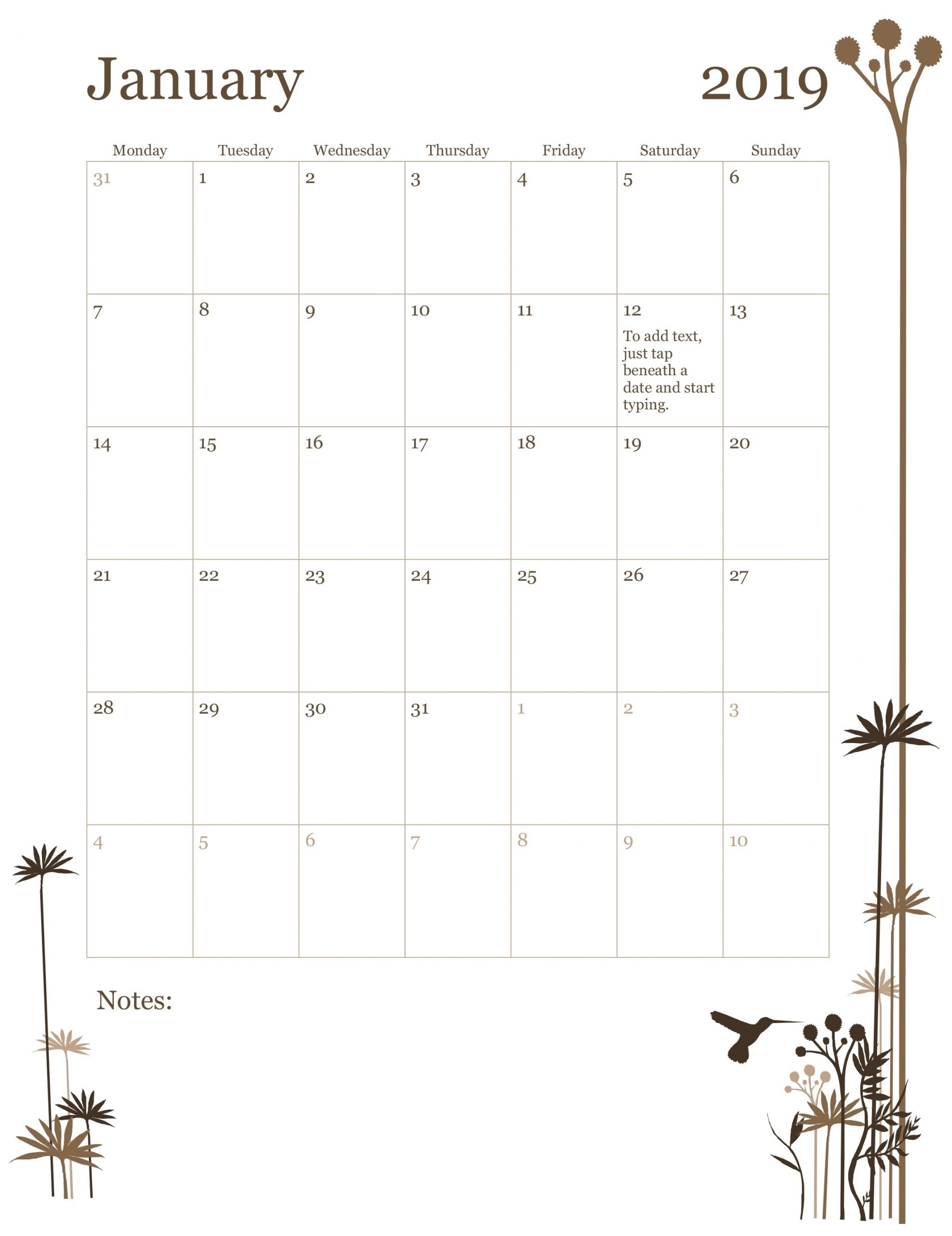 2019 12-Month Calendar (Mon-Sun) in 12 Month Calendar Word Template