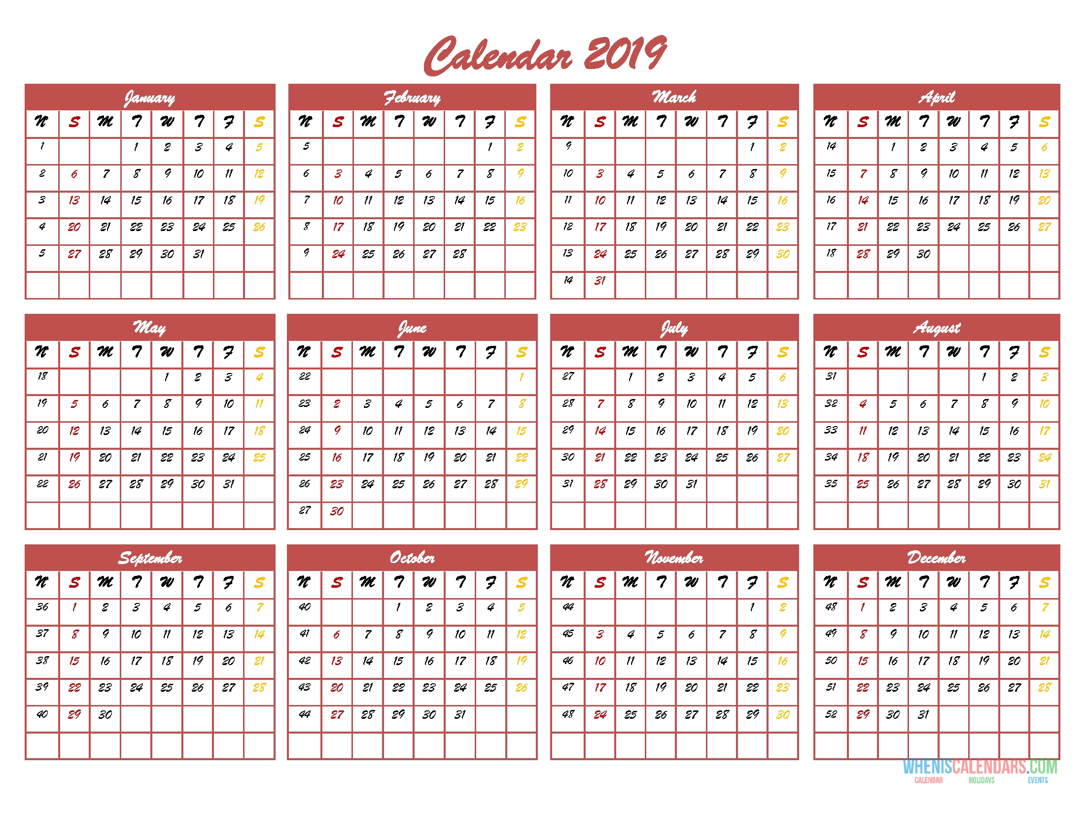 2019 12 Month Calendar Template In One Page Pdf, Image, Excel | Free inside 12 Month Calendar On One Page