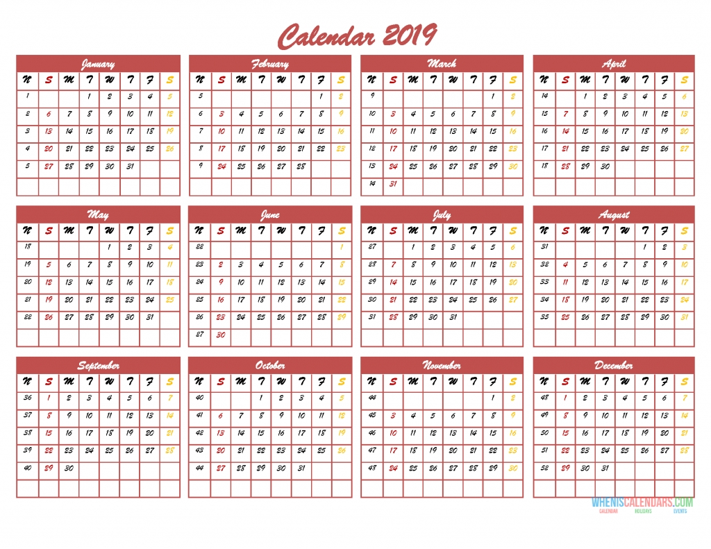 2019 12 Month Calendar Template In One Page Pdf, Image, Excel | Free with Year Calendar One Page To Print