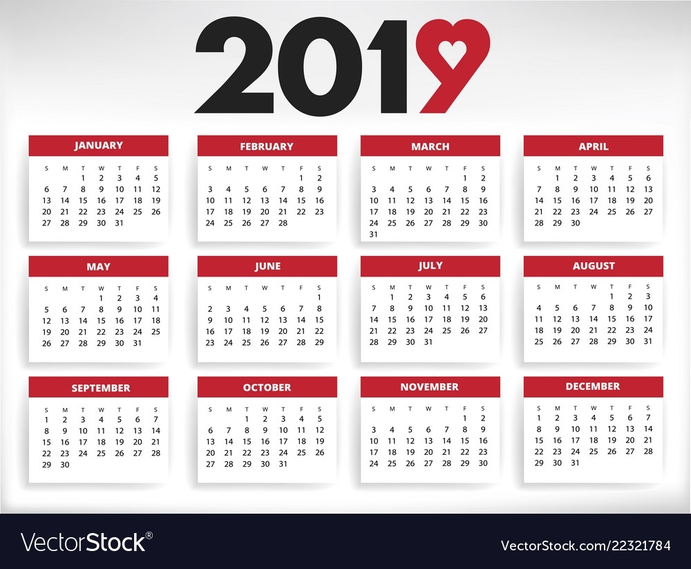 2019 Calendar All Year Months Days With Heart Vector Image intended for Calendar Months Of The Year
