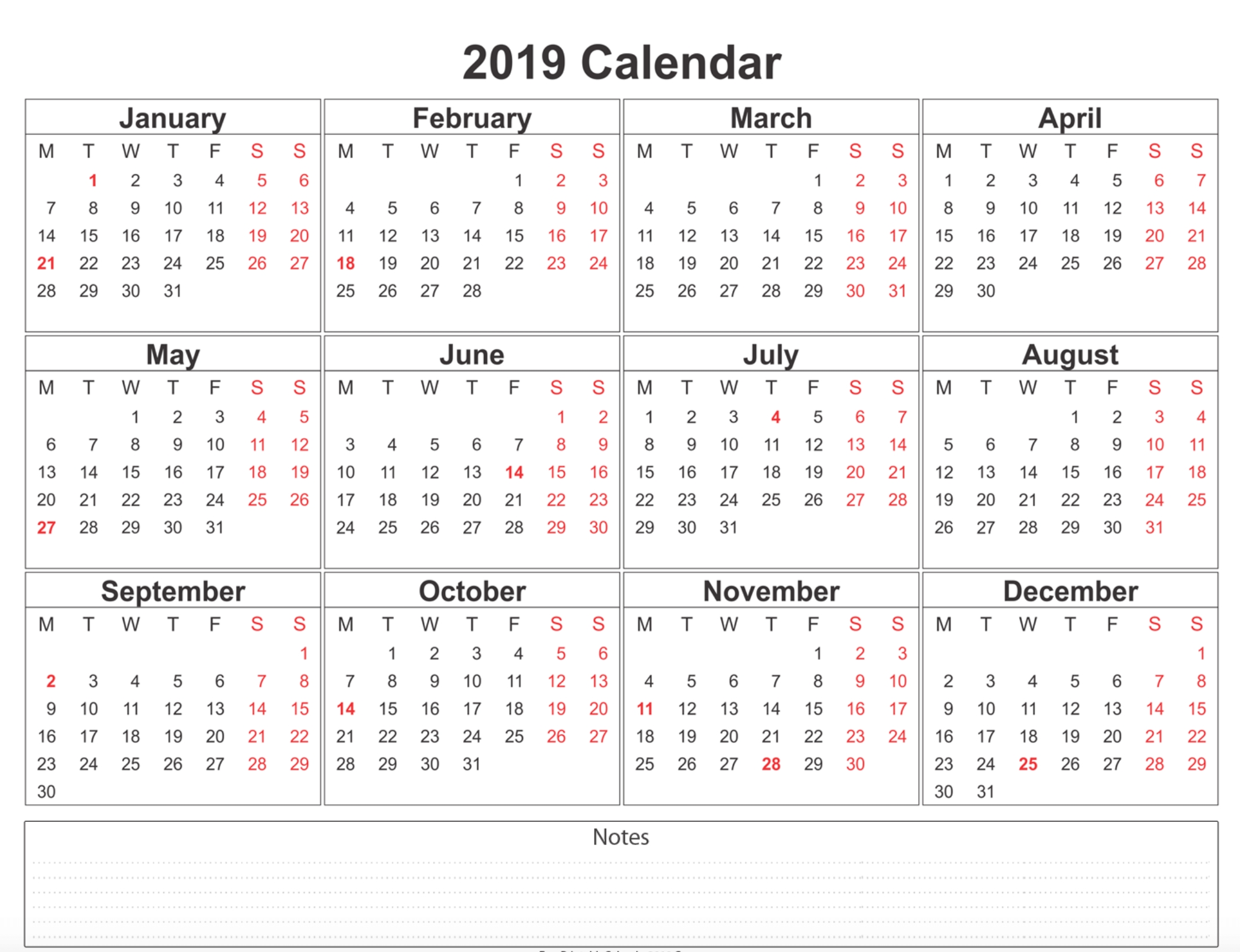 2019 Calendar - Amazonaws intended for Blank Calendar Page Year Long