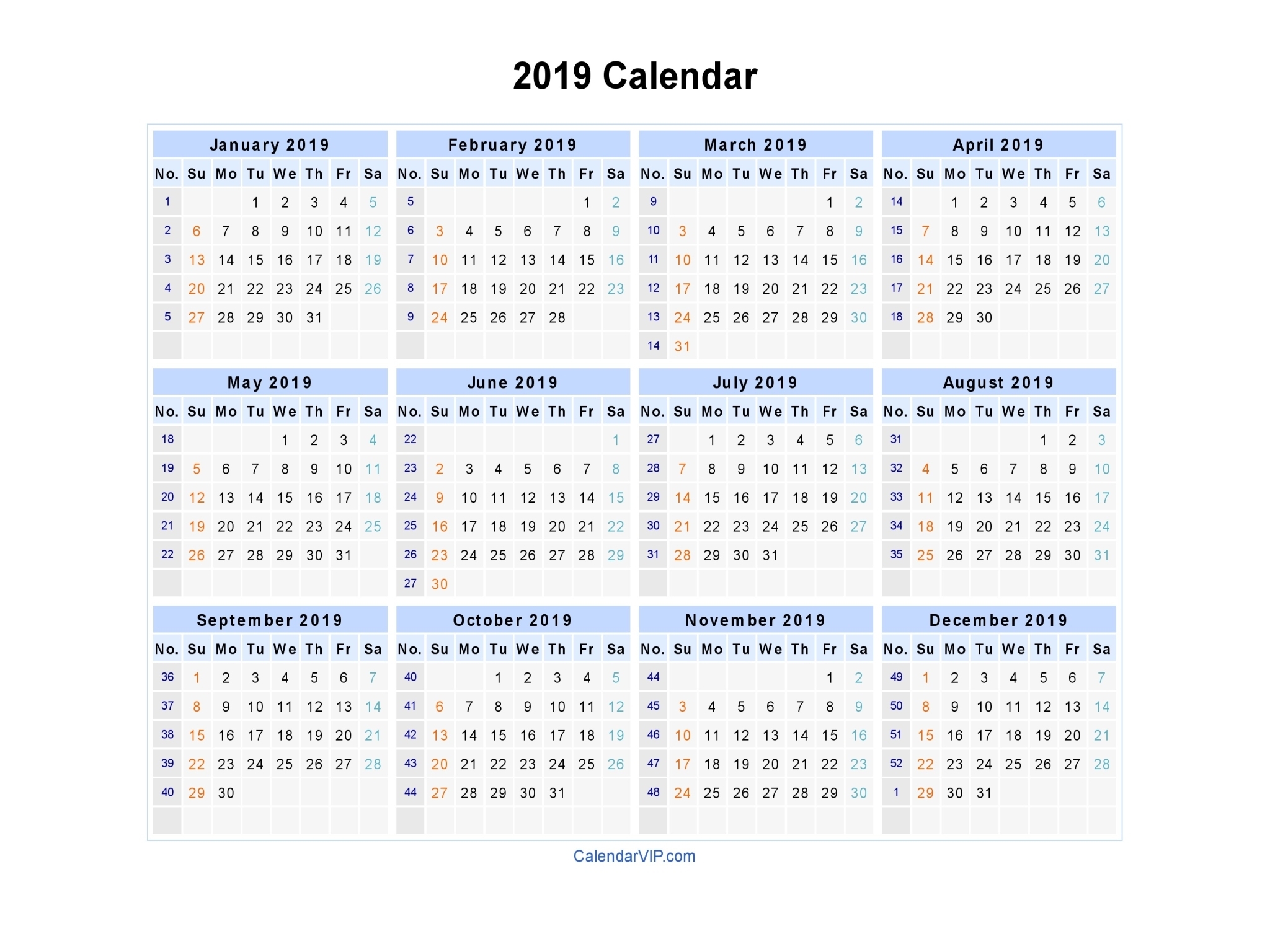 2019 Calendar - Blank Printable Calendar Template In Pdf Word Excel in Number Of The Week Template