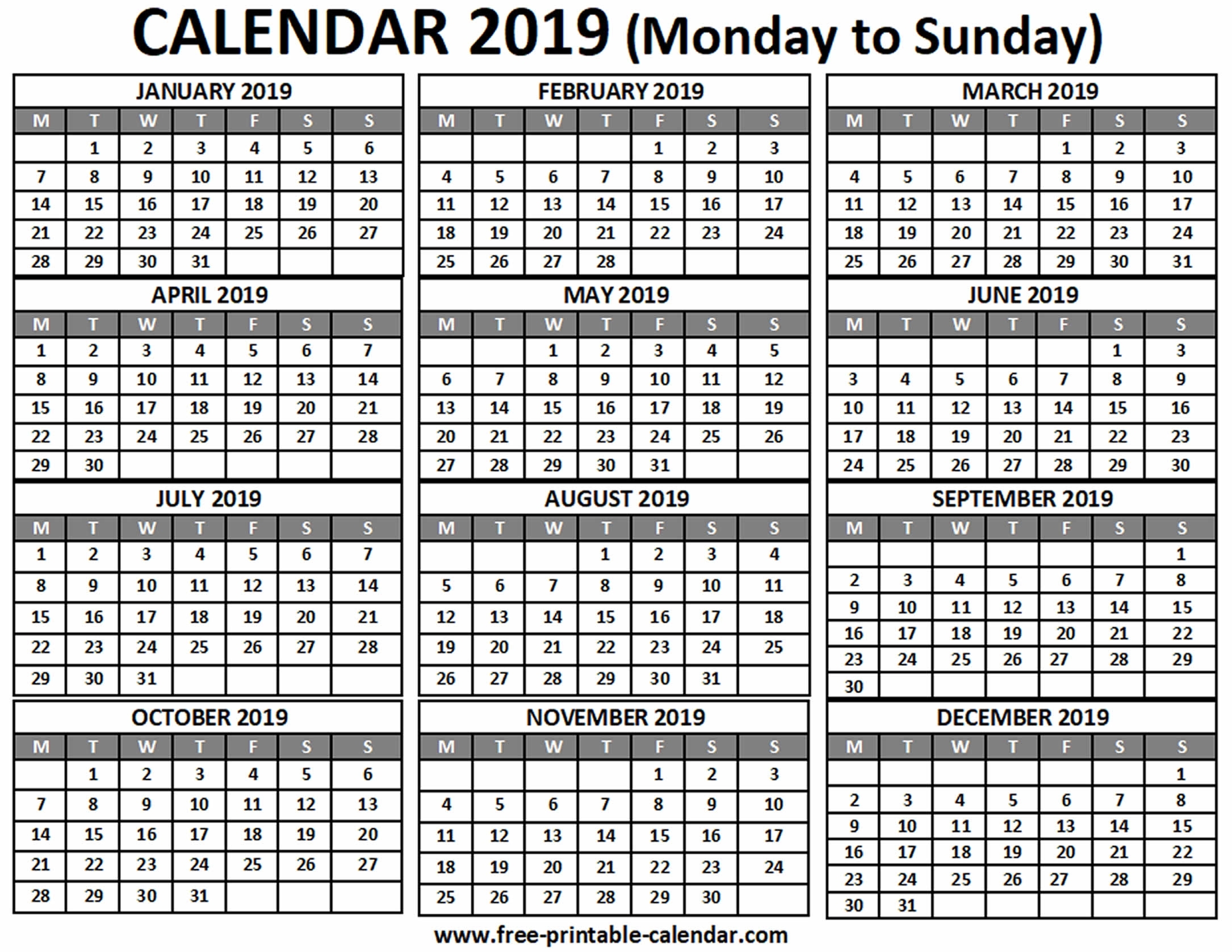 2019 Calendar - Free-Printable-Calendar throughout 3 Months In One Calenadar