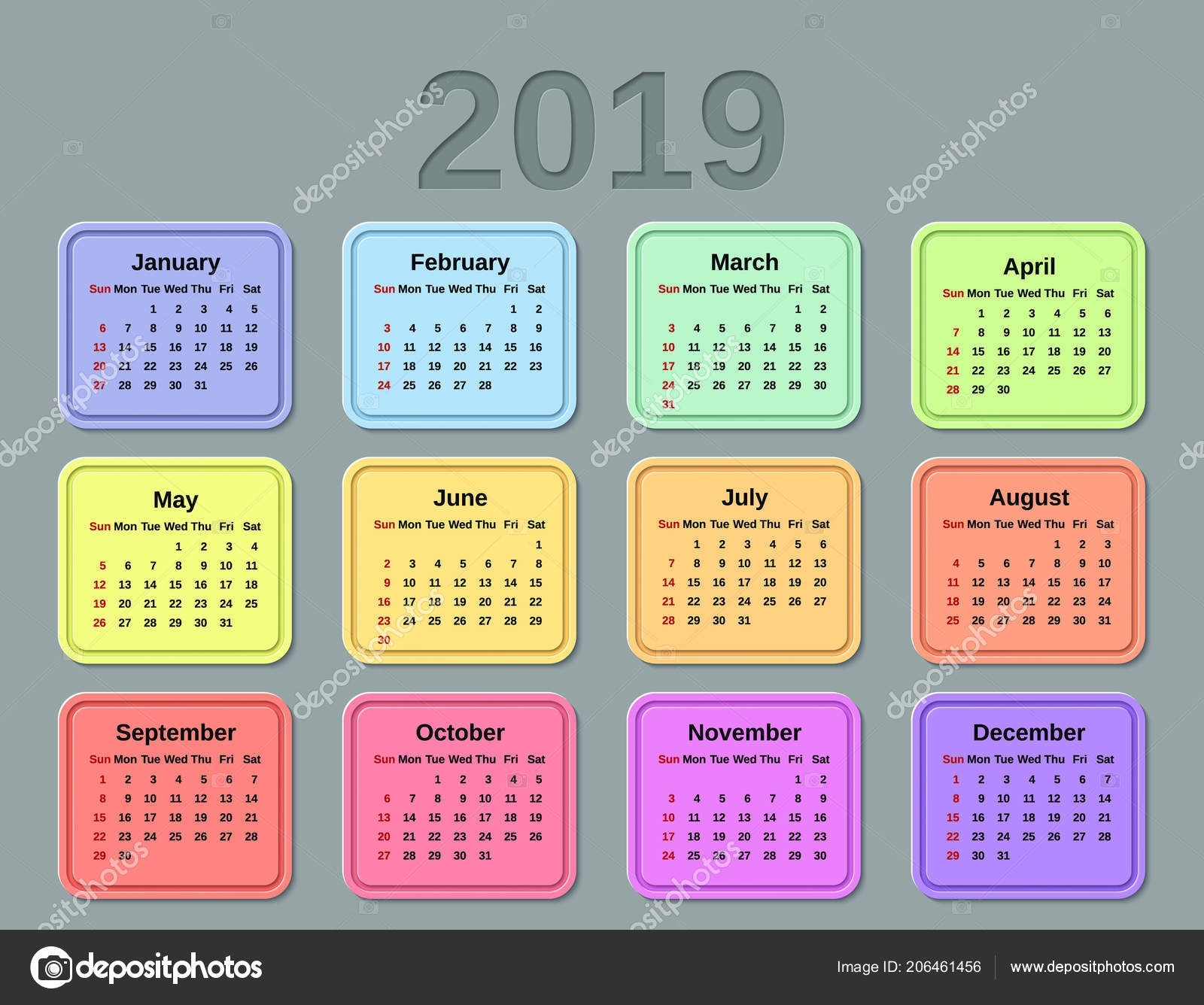 2019 Calendar Months Year Vector Graphics Week Starts Sunday Design in Calendar Months Of The Year