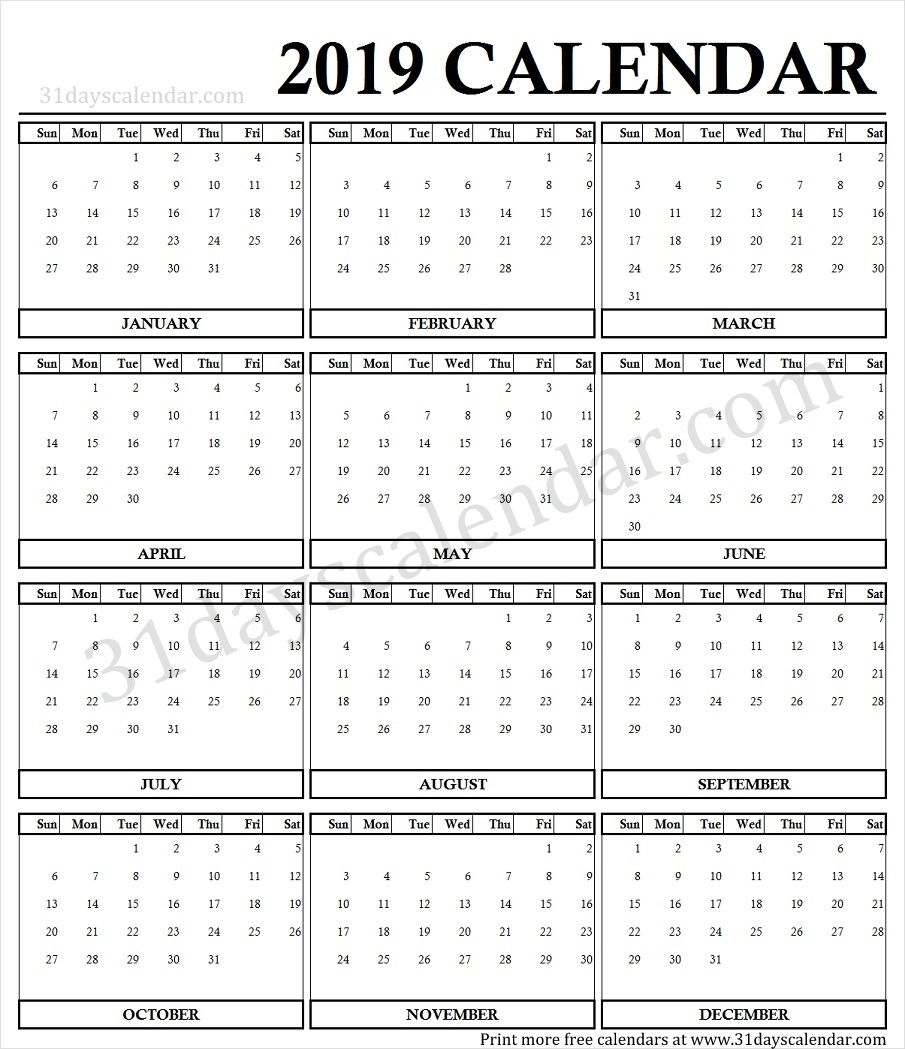 2019 Calendar Portrait Year At A Glance Template | 2019 Year Calendar pertaining to Calendars Year At A Glance