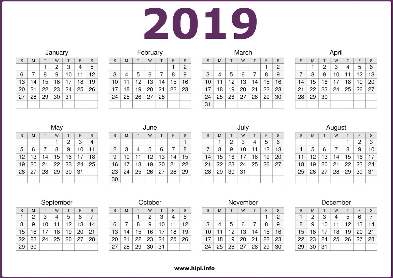 2019 Calendar Printable | 2019 Printable Calendars | Calendar 2019 for 12 Month Calendar With Lines