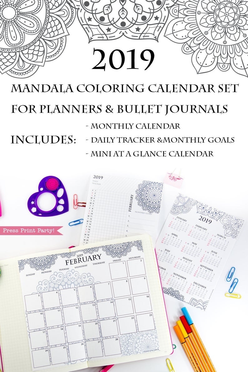 2019 Calendar Printable Set Mandala Coloring Calendar Bullet | Etsy throughout At A Glance Daily D Monthly Calendar