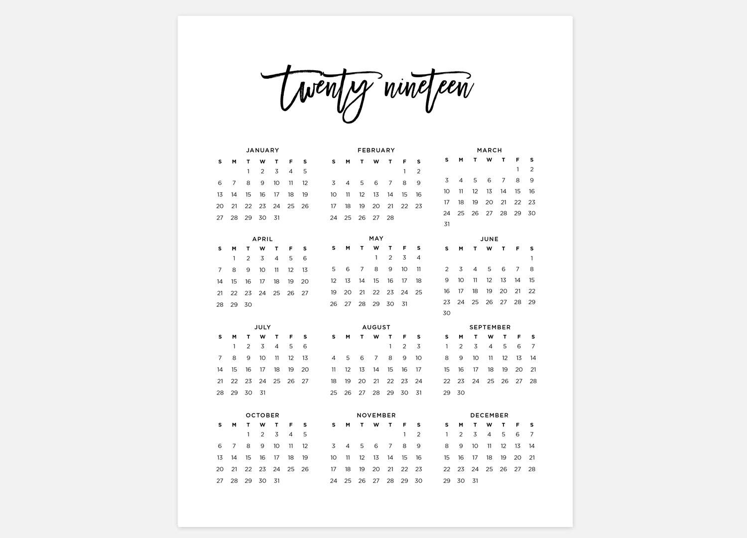 2019 Calendar Simple Calendar 2019 Year Calendar 2019 | Etsy pertaining to Year Calendar At A Glance