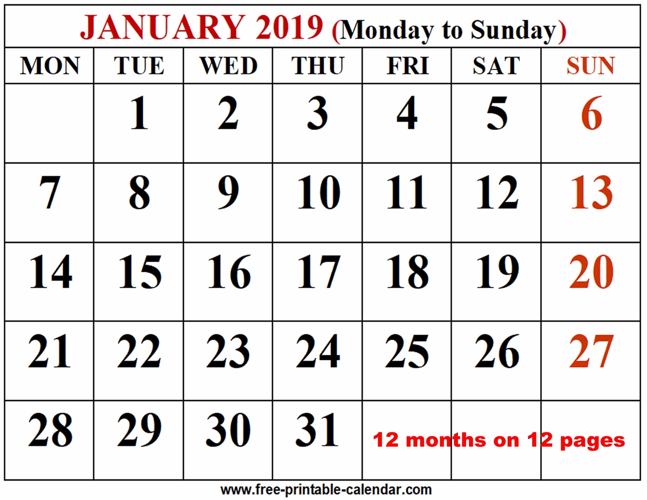 2019 Calendar Template - Free-Printable-Calendar throughout 12 Month Calendar To Print