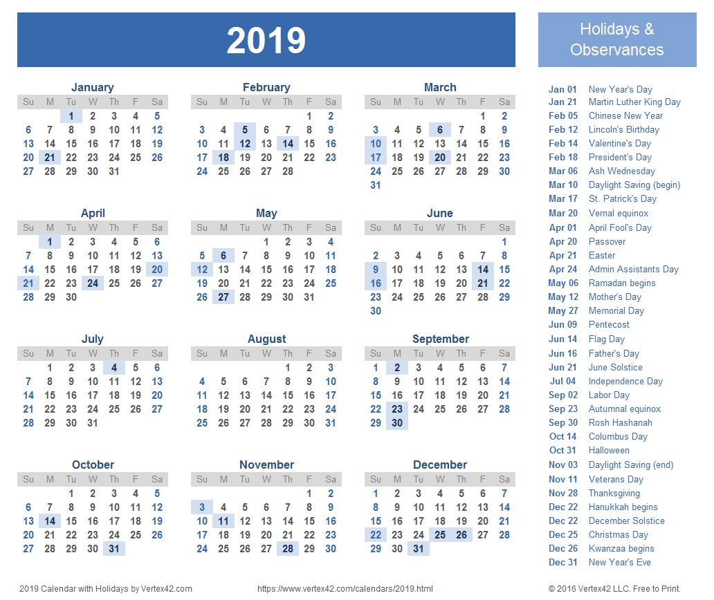 2019 Calendar Templates And Images for Printable Full Size Blank Calendar