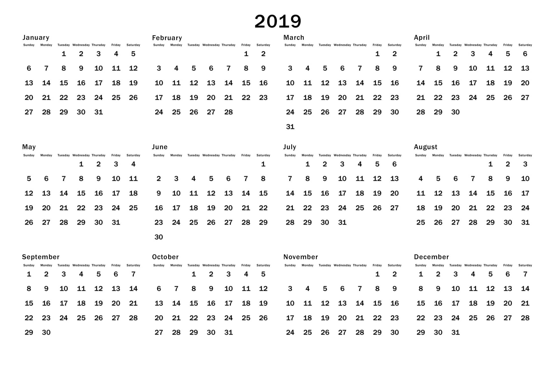 2019 Calendar Year At A Glance Printable | Task Management Template within Calendar Year At A Glance