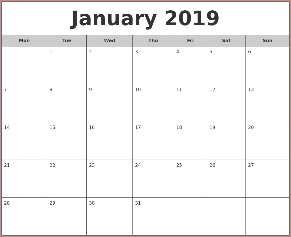 2019 Free Printable Monthly Calendars January 2019 Free Monthly throughout Full Size Printable Monthly Calendars