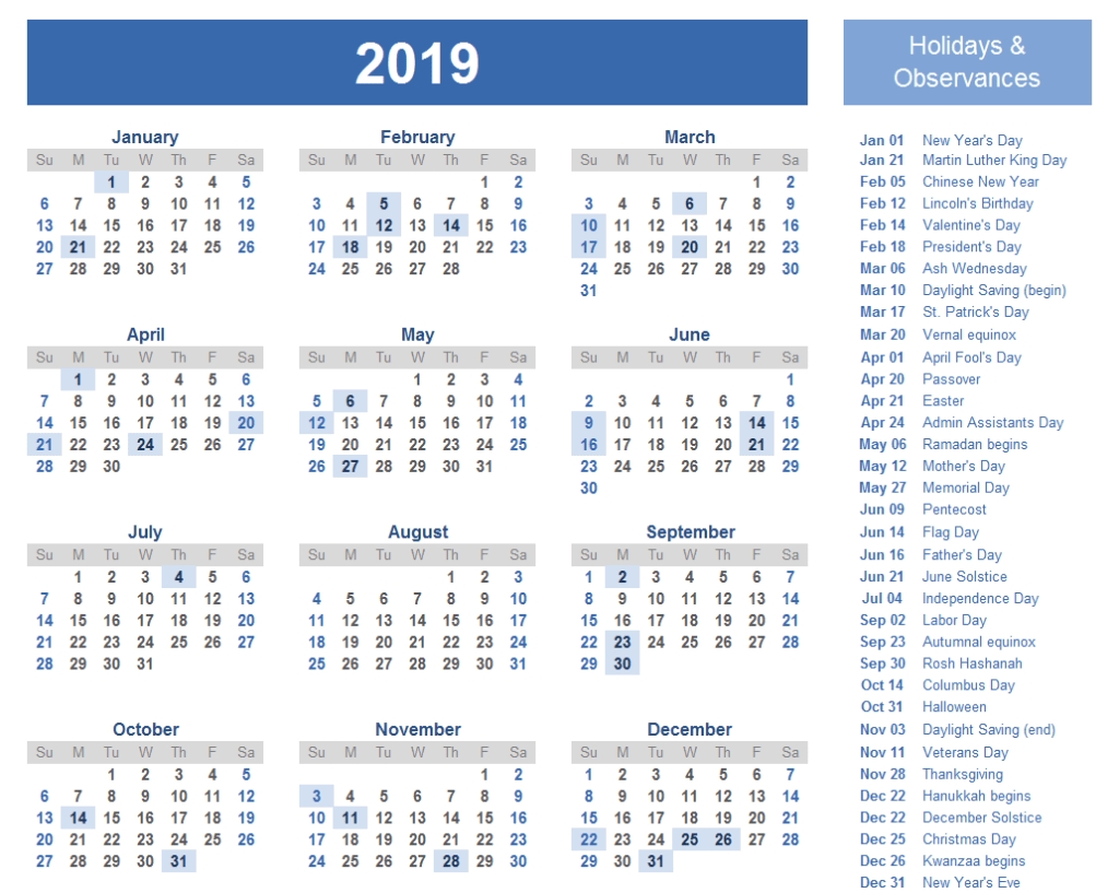 2019 International Holiday Calendar List | 2019 Holiday Calendar pertaining to 12 Month Calendar Picture Ideas