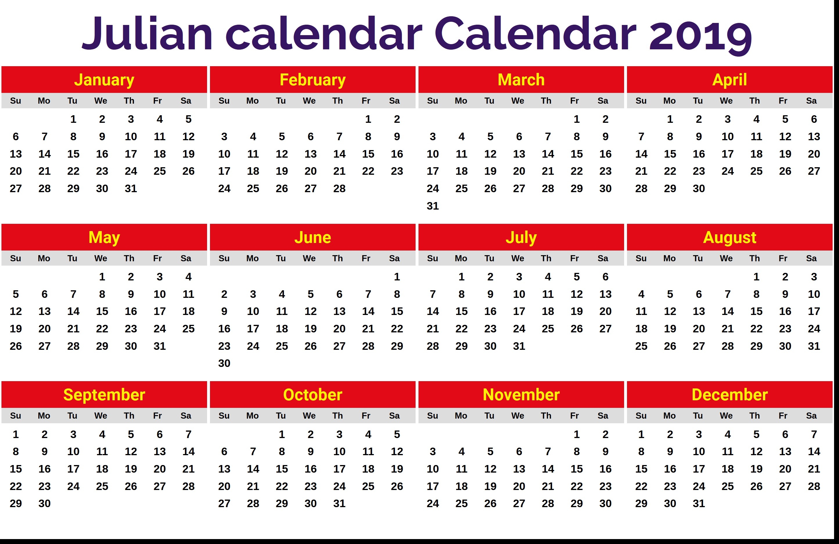 2019 Julian Date Calendar Printable Julian Calendar 2019 Calendar within Monthly Calendar With Julian Dates