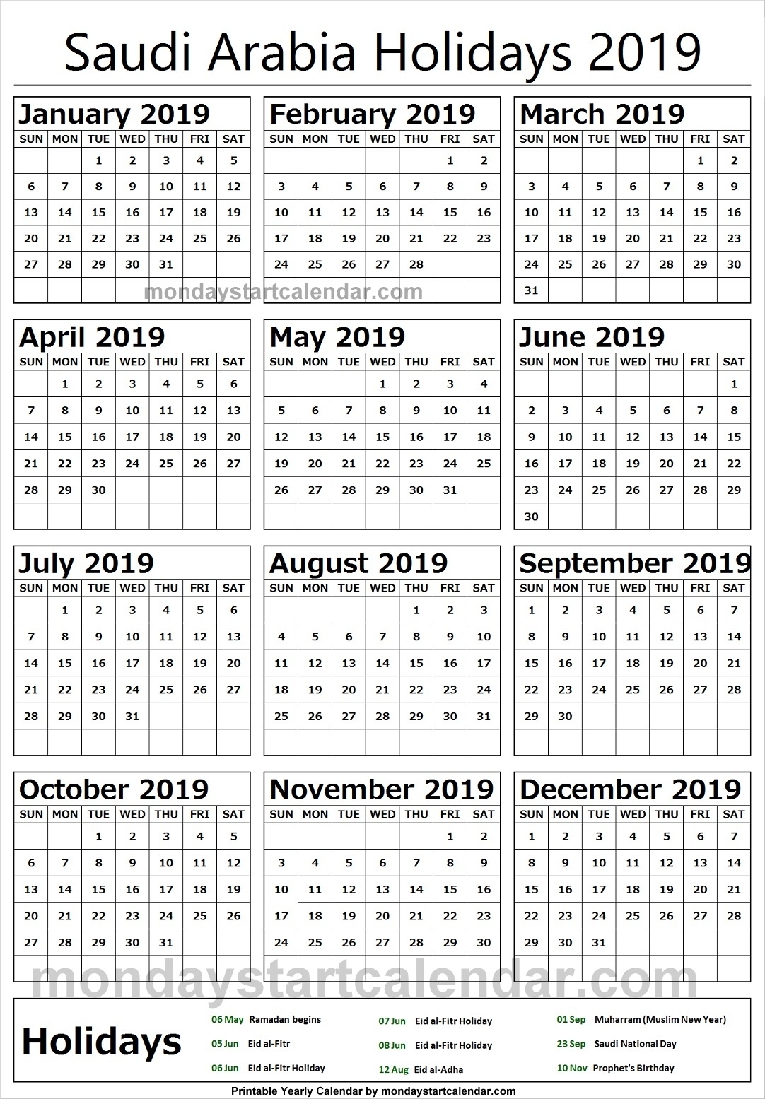 2019 National Holidays Saudi Arabia Calendar | 2019 Calendar with regard to Calendar Of Ramadan In Saudi Arabia